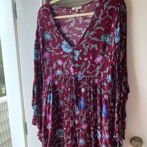 Maroon floral bell sleeve mini dress or blouse